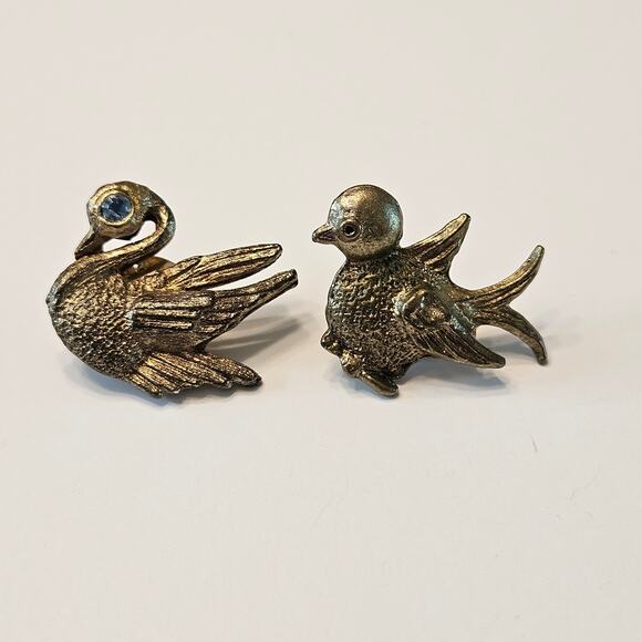 Vintage Bird Pair: Gold Toned Swan with Green Eye and Pheasant in Flight - Picture 12 of 16